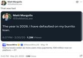 That was fast Matt Margolis @ItsMatts Law That was fast Matt Margolis @ItsMatts Law The year is 2026. I have defaulted on my burrito loan. 8:37 PM 3/20/25 1.2M Views NEWS NewsWire WIRE @NewsWire_US. May 19 Klarna losses widen as more users miss payments; 100 million now on platform - FT 3:42 PM ⚫ May 20, 2025 1.9M Views Q