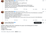 X account @innercitypress live-tweeted Kid Cudi's testimony against P. Diddy, where he recounted how Diddy threatened and intimidated him for dating Diddy's ex-girlfriend Cassie. This tweet reads "AUSA: What was your reaction to your car being set on fire? / Mescudi: What the f---."