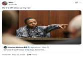 X user @34odd posted an image of a young child pointing from the witness stand to joke, "Me if a MF blow up my car." The tweet was posted in response to someone hoping that Kid Cudi "kept it hip hop" and didnt' testify against Sean "Diddy" Combs for firebombing his car.