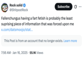 A "tweet":https://knowyourmeme.com/memes/sites/twitter-x joking about "Fallenchungus":https://knowyourmeme.com/memes/people/fallenchungus admitting to having a fart "fetish":https://knowyourmeme.com/memes/subcultures/internet-paraphilias.