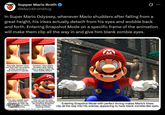 Supper Mario Broth @MarioBrothBlog In Super Mario Odyssey, whenever Mario shudders after falling from a great height, his irises actually detach from his eyes and wobble back and forth. Entering Snapshot Mode on a specific frame of the animation will make them clip all the way in and give him blank zombie eyes. Normally, Mario's irises are flush with his sclerae, as they would be in real humans in real life. However, when Mario shudders after falling from a great height, his irises briefly detach. JUL כורת ששת They also wobble back and forth during the animation, so they clip into s serae on some specific frames. This can not be seen during regular gameplay, but entering Snapshot Mode makes the clipping visible. ource: images: Supper Mario Broth, info: @adalydebest Entering Snapshot Mode with perfect timing makes Mario's irises clip all the way into his sclerae, appearing to have blank zombie-like eyes.