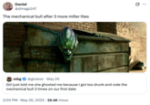 X user @dmags247 tweeted a photo of the Green Goblin mask, writing, "The mechanical bull after 3 more miller lites," and gathering over 2,000 likes in a day.