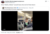 May 29th, 2025 tweet by @MarTheMortal X user @MarTheMortal posted a tweet responding to the video of a girl singing a song from _Moana_ on a delayed flight to Orlando, joking, "One "Allahu Akbar" would have shut all of that down."