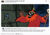 X user @solomonmissouri tweeted the witch doctor GIF on October 24th, 2025 to react to a tweet that read, "N---- at work said he was voting for Trump the other day and then came to work this morning talkin bout his stomach hurt after he ate McDonald’s."
