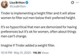 Lisa Britton @LisaBritton Tinder is implementing a height filter and it will allow women to filter out men below their preferred height. It's so hypocritical that men are demonized for having preferences but it's ok for women, often about things men can't change. Imagine if Tinder added a weight filter. . • 10:14 PM ⚫ May 31, 2025 116.5K Views ...