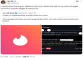 M-1R @hovermyr Q i really hate having to defend men but what the hell is up with straight women's whole height fixation??? AF. AF Post @AFpost May 30 Tinder is implementing a height filter for users. The change will allow women to generally filter out men below their preferred height. 8:17 PM ⚫ Jun 1, 2025 · 139.7K Views e Range ow people slightly out of my preferred range un out of profiles to see 24- EMIUM DISCOVERY Tinder PlatinumⓇ ferences show you people who match your vibe won't limit who you see - you'll still be able to ch with people outside of your selections. ght New Any hei