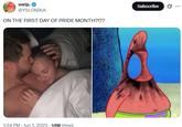 A tweet reading, "ON THE FIRST DAY OF PRIDE MONTH?!??" The post shares an image of Jojo Siwa and Chris Hughes next to the Patrick Star hole in head meme.