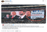 X user @5149jamesli posted an image of Donald Trump and JD Vance during an Army-Navy game, noting a large "Palantir" logo imposed on the jumbotron beside them. The post gathered over 30,000 likes in five days.