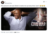 X user @fowlerfiles posted an image of Anthony Mackie dancing during a press interview for _Captain America: Civil War_, writing, "this picture is all over tiktok it cracks me up every time i see it 😭😭😭" The post gathered over 100,000 likes in a day.