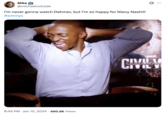 X user @michaelcollado reposted an image of Anthony Mackie dancing with the caption, "I’m never gonna watch Dahmer, but I’m so happy for Niecy Nash!!! #emmys" The post gathered over 20,000 likes in a year.
