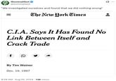 illuminatibot @iluminatibot "We investigated ourselves and found that we did nothing wrong" III The New York Times C.I.A. Says It Has Found No Link Between Itself and Crack Trade f 0 By Tim Weiner Dec. 19, 1997 8:28 AM - Aug 25, 2024 72K Views