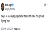 X user @angel_0f_deathx joked about Bluesky users debating the sexist undertones of the phrase "the girls are fighting," gathering over 60,000 likes in a day.