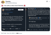 X user @OnlyAWorldAway posted a tweet about Ben Shapiro and Andrew Tate arguing with each other online, writing, "🚨 THE GIRLS ARE FIGHTINGGG 🚨" and gathering over 40,000 likes in two years.