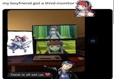 An edit of a tweet by X user @wownicebuttdude. The tweet reads, "My Boyfriend Got a Third Monitor" and shares a photo of Chidori from Persona displayed on all three monitors.
