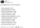ivy.'.' @redfieldlvr propaganda i am falling for: ada wong in re9 - jill valentine in re9 - claire redfield in re9 - sheva alomar in re9 - sherry birkin in re9 - rebecca chambers in re9 - ashley graham in re9 - rose winters in re9 mia winters in re9 -helena harper in re9 - all re women in re9 4:01 PM ⚫ Jun 7, 2025 118.4K Views .