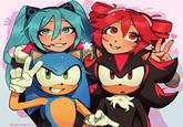 Fan art of Sonic, Shadow, Hatsune Miku and Teto. The art is by @refresqito.