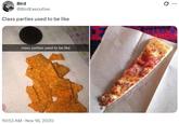 A meme reading, "Class parties used to be like." Attached is a photo of a thin slice of pizza and some chips on a paper towel.