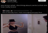 X user @INDIEWASHERE tweeted an image of Carrie Bradshaw holding a whip in her mouth, writing, "the thing about carrie is that she was really brave."