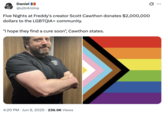 A joke about Five Nights at Freddy's creator Scott Cawthon donating money to the "LGBTQ+":https://knowyourmeme.com/memes/cultures/lgbtq community and saying, "I Hope They Find a Cure Soon."