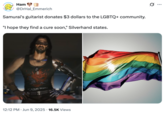 A joke about Samurai's guitarist donating money to the "LGBTQ+":https://knowyourmeme.com/memes/cultures/lgbtq community and saying, "I Hope They Find a Cure Soon."