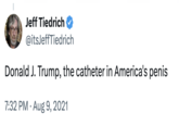 A "tweet":https://knowyourmeme.com/memes/sites/twitter-x from @itsJeffTiedrich reading, "Donald J. Trump, the catheter in America's penis."