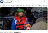 A tweet reading, "Greta Thunberg is currently on her way to Israel, safe and in good spirits." The tweet was posted by Israel.