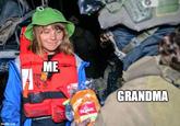 A meme using a photo of Greta Thunberg taking a sandwich from the IDF. The meme labels the IDF soldier as "grandma."