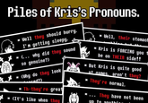A meme known as "Piles of Kris's Pronouns." The meme compiles many of the times that Kris from Deltarune's pronouns are used.