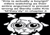 "Kris is actually a boy/girl" mfers watching as their entire argument is proved wrong as Berdly calls Kris "M'they'dy" in chapter 4