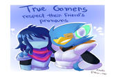 Fan art of Berdley and Kris. The post reads, "True Gamers Respect Their Friends' Pronouns."