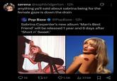 • serena @sophbridgerton 12h anything ya'll said about sabrina being for the female gaze is down the drain Pop Base @PopBase - 12h Sabrina Carpenter's new album 'Man's Best Friend' will be released 1 year and 6 days after 'Short n' Sweet.' 18 1757 1.5K ili 37.6K Σ 80