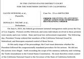 IN THE UNITED STATES DISTRICT COURT FOR THE NORTHERN DISTRICT OF CALIFORNIA GAVIN NEWSOM, et al., V. Plaintiffs, DONALD J. TRUMP, et al., Defendants. Case No. 25-cv-04870-CRB ORDER GRANTING PLAINTIFFS' APPLICATION FOR TEMPORARY RESTRAINING ORDER On June 6, 2025, the federal government initiated immigration raids across the City of Los Angeles. Protests swiftly followed, and some individuals involved in those protests were unruly and even violent. State and local law enforcement responded. The following day, President Trump ordered that members of the California National Guard be federalized, and thereupon assumed control of those forces. At this early stage of the proceedings, the Court must determine whether the President followed the congressionally mandated procedure for his actions. He did not. His actions were illegal-both exceeding the scope of his statutory authority and violating the Tenth Amendment to the United States Constitution. He must therefore return control of the California National Guard to the Governor of the State of California forthwith.