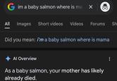 Gim a baby salmon where is ma ☑ 00 All Images Short videos Videos Forums Sh Did you mean: i'm a baby salmon where is mama Al Overview As a baby salmon, your mother has likely already died.