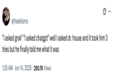 June 14th, 2025 tweet by @freaktisms X user @freaktisms posted a tweet that read, ""i asked grok" "I asked chatgpt" well I asked dr. house and it took him 3 tries but he finally told me what it was," gathering over 20,000 likes in two days.