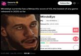 Dexerto @Dexerto Subscribe 0 MindsEye currently has a Metacritic score of 43, the lowest of any game released in 2025 so far 6:35 AM Jun 15, 2025 101.1K Views MindsEye PC View All Platforms Released On: JUN 10, 2025 METASCORE Generally Unfavorable Based on 6 Critic Reviews USER SCORE Generally Unfavorable Based on 225 User Ratings MY SCORE Hover and click to give a rating 43 2.4