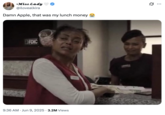 X user @ilovealkira posted a still from the film _Straw_ showing Taraji P. Henson as Janiyah Wiltkinson at the bank teller's counter, turning around and looking exasperated. The image came to be used as a reaction meme by people joking about down to their last straw. This post reads, "Damn Apple, that was my lunch money 😭"