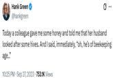 A tweet by Hank Green. The tweet reads, "Today a colleague gave me some honey and told me that her husband looked after some hives. And I said, immediately, “oh, he’s of beekeeping age…”