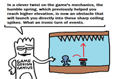In a clever twist on the game's mechanics, the humble spring, which previously helped you reach higher elevation, is now an obstacle that will launch you directly into these sharp ceiling spikes. What an ironic turn of events. GAME DESIGN GENIUS W wen