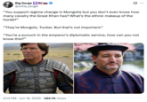 X user @witte_sergei posted a version of the "Tucker Carlson Asking" meme, writing, "You support regime change in Mongolia but you don’t even know how many cavalry the Great Khan has? What’s the ethnic makeup of the horde?" alongside AI-generated images of Tucker Carlson and Ted Cruz edited to reflect period-appropriate attire.