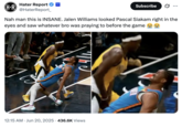 X user @HaterReport_ tweeted an image of Pascal Siakam hovering over the grimacing OKC player Jalen Williams, writing, "Nah man this is INSANE. Jalen Williams looked Pascal Siakam right in the eyes and saw whatever bro was praying to before the game 😭😭" The post gathered over 20,000 likes in a day.