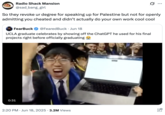 A "quote-tweet":https://knowyourmeme.com/memes/quote-retweets-qrts of the "viral video":https://knowyourmeme.com/memes/viral-videos showing a UCLA Graduate with "ChatGPT":https://knowyourmeme.com/memes/sites/chatgpt on his computer at a 2025 college graduation.