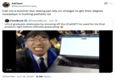 A "quote-tweet":https://knowyourmeme.com/memes/quote-retweets-qrts of the "viral video":https://knowyourmeme.com/memes/viral-videos showing a UCLA Graduate with "ChatGPT":https://knowyourmeme.com/memes/sites/chatgpt on his computer at a 2025 college graduation.