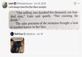 X user @Hezbolsonaro posted a tweet showing an excerpt from _Black Fleet Crisis_, book 2, where Luke Skywalker recites the exact population of the Death Star. 