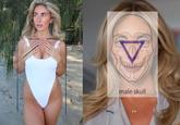 Images of Bonnie Blue being transvestigated. The images look to show that she is trans by examining her body and skull proportions.