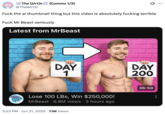 The Wr13r (Comms 1/2) @TheWr13r F--- the ai thumbnail thing but this video is absolutely f------ terrible F--- Mr Beast seriously Latest from MrBeast DAY 1 DAY 200 Lose 100 LBS, Win $250,000! MrBeast 6.8M views • 3 hours ago . 3:23 PM Jun 21, 2025 7.1M Views 36:50