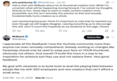 MrBeast tweeted a response to backlash about his AI thumbnail generator from YouTuber Eric Pointcrow, writing, "Already working on changes like Faceswap should only be used to swap your face on YOUR thumbnail, obviously not others. And overall I’ll build this more in a way to be inspiration for artists/a tool they use and not replace them ... My goal with viewstats is to build tools to level the playing field between people like me with 300 employees and new creators that can’t afford a small army."