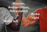 An "Epic Handshake":https://knowyourmeme.com/memes/epic-handshake meme about the Woke Left and Woke Right uniting on racism, anti-Semitism and retardation.