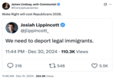 James Lindsay, anti-Communist @ConceptualJames Woke Right will cost Republicans 2026. Josiah Lippincott @jlippincott We need to deport legal immigrants. 11:44 PM • Dec 30, 2024 110.3K Views 218 17548 11:48 AM Dec 31, 2024 224.5K Views Q 5.5K