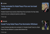 Easy Come Easy Go Ve Fox News Trump nominated for Nobel Peace Prize over Iran-Israel ceasefire deal President Donald Trump received a Nobel Peace Prize nomination from Rep. Buddy Carter for his role in ending the Israel-Iran conflict and... 4 hours ago N Newsweek Donald Trump Nobel Peace Prize Nomination Withdrawn A senior Ukrainian lawmaker who nominated U.S. President Donald Trump for a Nobel Peace Prize has withdrawn it, as peace talks between Kyiv... 4 hours ago