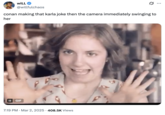 X user @willfulchaos tweeted the GIF of Lena Dunham saying "Hi" to Patrick Wilson, writing, "conan making that karla joke then the camera immediately swinging to her."